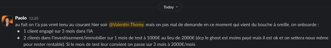 Message d’un client sur Slack